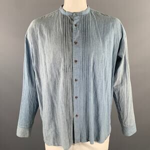 KAPITAL Size XL Blue White Stripe Cotton Linen Band Collar Long Sleeve Shirt